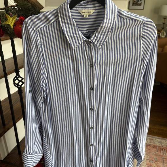 Max Studio Blue and White Striped Button Down Tunic Shirt - Picture 2 of 8